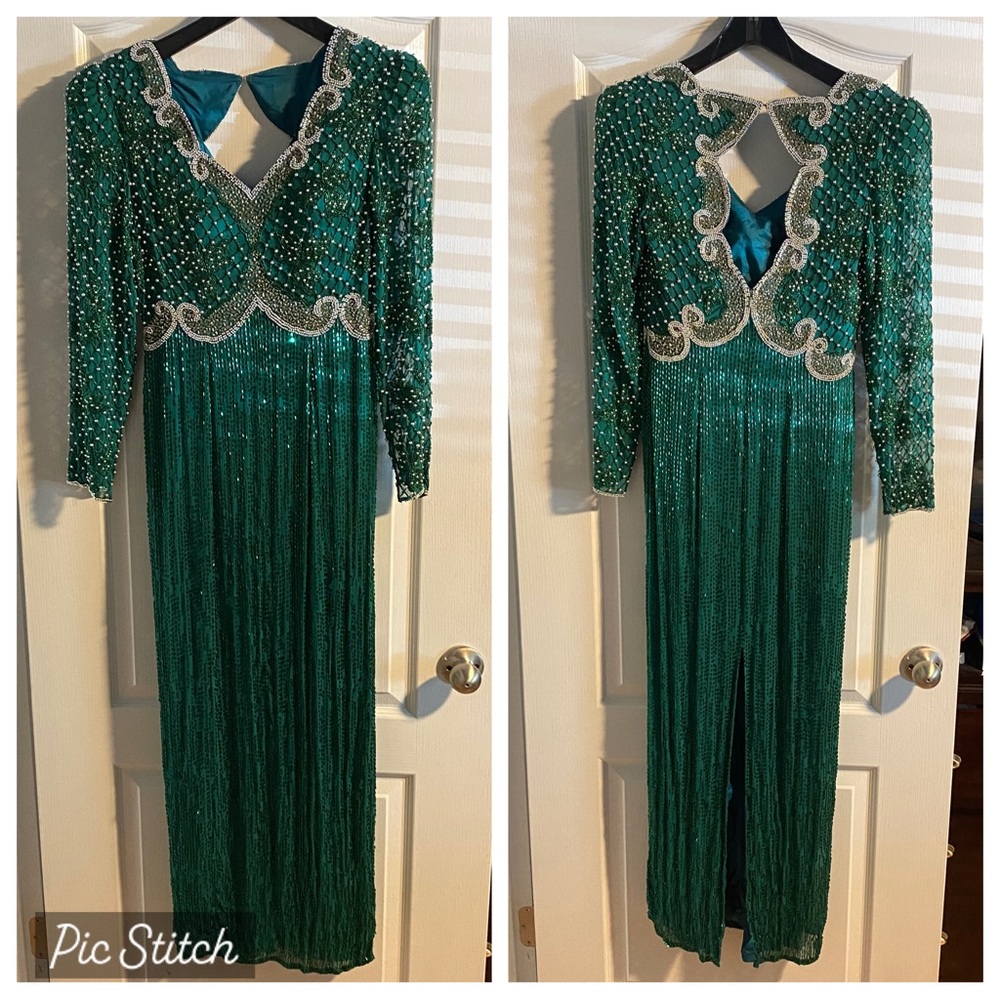 Vintage 80’s 90’s Jovani Green Silk Open Back Back Slit Beaded Gown Small